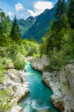 Lepena Ravin, blue water, tree and mountains, Slovenia
