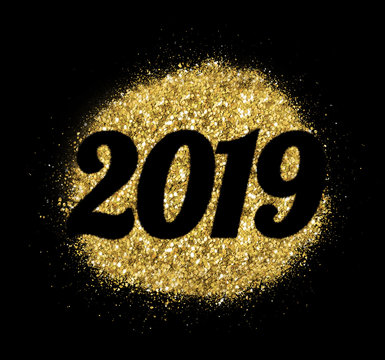 2019 of gold glitter on white background, symbol of New Year for your greeting card design.