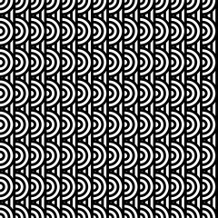 Seamless pattern with circles and striped black white straight lines. Optical illusion effect. Geometric tile in op art style. Vector illusive background for cloth, textile, print, web.