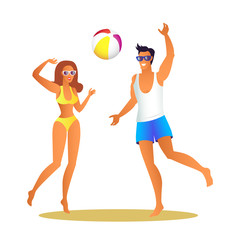 Fototapeta na wymiar Man and Woman in Swimwear Play Volleyball on Beach