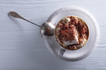 Hot chocolate and marshmallow sprinkled with chocolate chips.