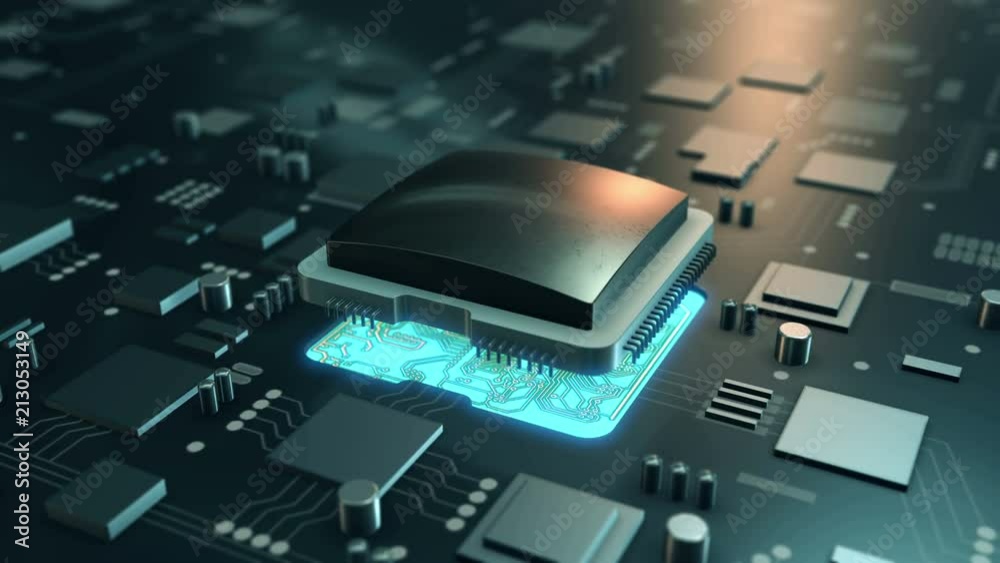 Wall mural big data stream on circuit board. 4k uhd animated video.