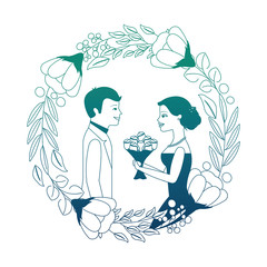 bride with bouquet and groom wedding day in flowers frame