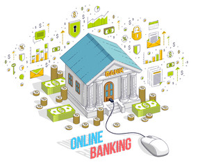 Online Banking concept, bank building with computer mouse connected isolated on white background. Isometric 3d vector finance illustration with icons, stats charts and design elements.