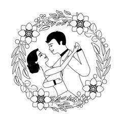 bride and groom their first dance wedding day on frame flowers portrait