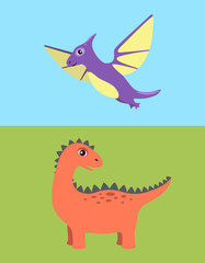 Dinosaur and Pteranodon Set Vector Illustration
