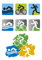 Obraz premium Triathlon race icons. Set of colorful triathlon icons. Vector available.