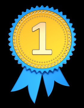 award ribbon number one 1. 1st first place medal golden blue. champion winner reward, achievement success icon. 3d illustration, isolated on black
