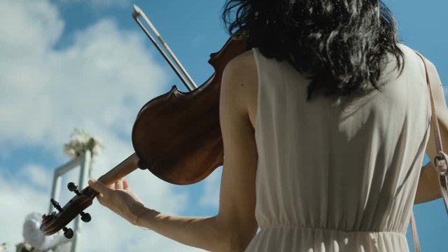 Woman violinist playing the violin on the nature. Close up. Musician playing. Slow motion.
