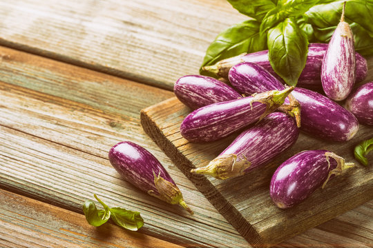 Heap of small eggplant or aubergine vegetable with basil leaves on old wooden background. Healthy food concept with copy space. Retro style toned.