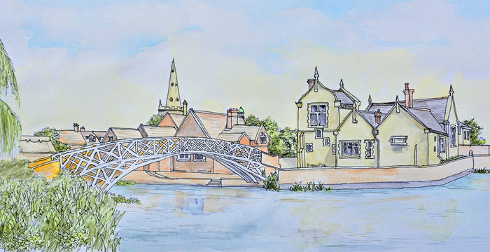 Ink and Watercolour Painting of the Chinese Bridge and Causeway at Godmanchester Cambridgeshire England.