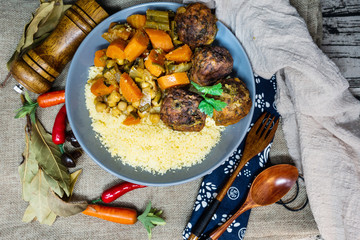 Kofta Tagine Moroccan Meatballs Served With Semolina and Vegetables