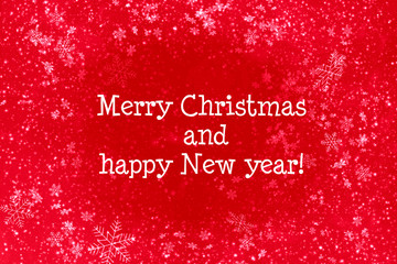 Fototapeta na wymiar Red Christmas background with white snowflakes and snow, text merry Christmas and happy new year.