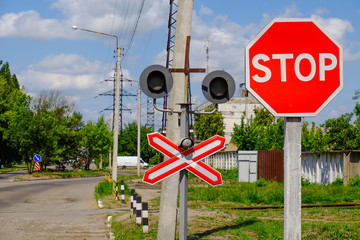 railway crossing, stop sign