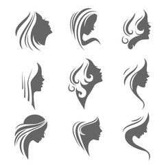 Girls portrait - vector silhouette icon, monochrome
