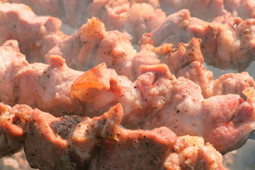 Appetizing juicy pork barbecue is roasted on skewers on top of charcoal grill. Pieces of meat close-up.