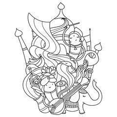 Doodle Indian cartoon objects. Festive pattern for coloring book or design about Indian dance Dandiya. Easy to change colors. Vector illustration.