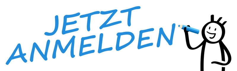 Jetzt anmelden - Strichmännchen mit Stift schreibt Text