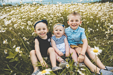 three cute childs playing in green daisy field