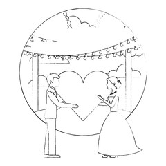 bride and groom with heart wedding day in natural scene