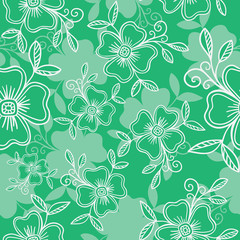 Fototapeta na wymiar Vector seamless pattern - graphic flowers with leaves on green background.