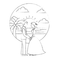 bride and groom holding hands in the beach