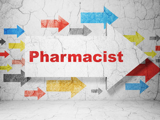 Health concept:  arrow with Pharmacist on grunge textured concrete wall background, 3D rendering