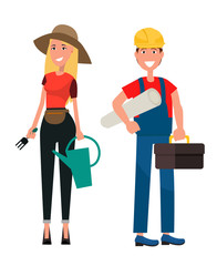 Set of Gardener Woman and Builder Man Flat Design