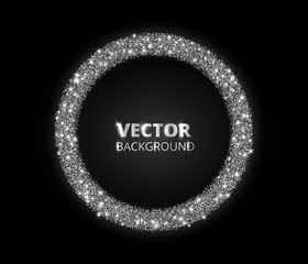 Festive silver sparkle background. Glitter border, circle frame. Vector dust, diamonds, snow on black.