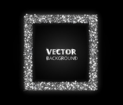 Festive silver sparkle background. Glitter border, circle frame. Vector dust, diamonds, snow on black.