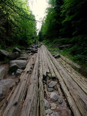Szlak prowadzący do Szklarskiej Poręby ze Szrenicy, po starym wyschniętym dnie górskiej rzeki - belki, kamienie i inne pozostałości po infrastrukturze kanału - obrazy, fototapety, plakaty