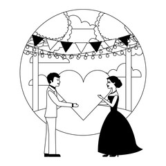 married couple in landscape with heart isolated icon