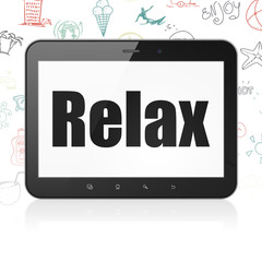 Vacation concept: Tablet Computer with  black text Relax on display,  Hand Drawn Vacation Icons background, 3D rendering