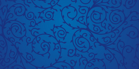 Blue floral ornament design for background. Dark swirls and leaves on blue surface.