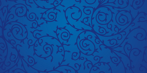 Blue floral ornament design for background. Dark swirls and leaves on blue surface.