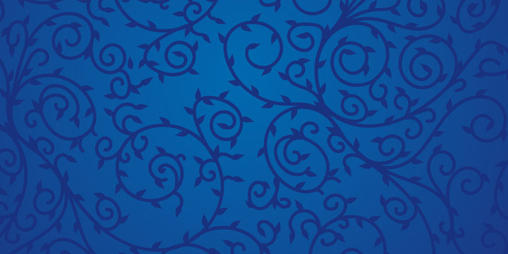 Blue Floral Ornament Design For Background. Dark Swirls And Leaves On Blue Surface.