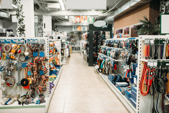 Pet shop interior, shelves with accessories