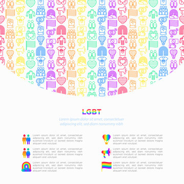 LGBT concept with thin line icons: gay, lesbian, rainbow, coming out, free love, flag, support, stop homophobia, LGBT rights, pride day. Modern vector illustration, print media template.