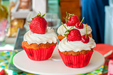 Strawberry and cream sponge cake. Homemade summer dessert.