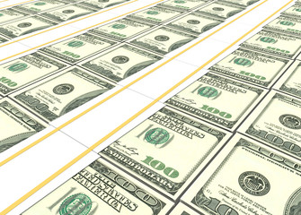 3d rendering. perspective view of US hundred dollar stacks background.