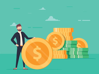 Handsome positive businessman is holding a huge golden dollar coin. Earning, saving and investing money concept.