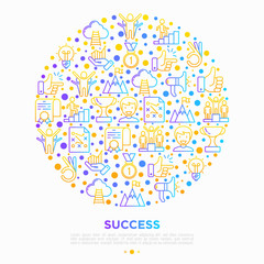Success concept in circle thin line icons: trophy, idea, mountain peak, career, bullhorn, strategy, ladder, winner, medal, award, good choice, easy, certificate. Vector illustration.