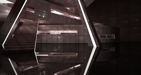 Obraz premium Empty smooth abstract room interior of sheets rusted metal with gray concrete. Architectural background. 3D illustration and rendering