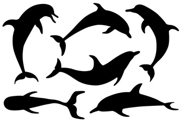Naklejka premium Zestaw sylwetki delfinów na białym tle