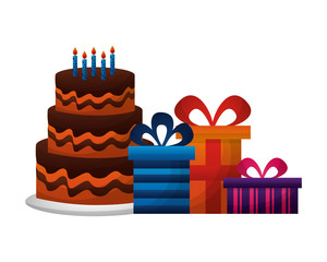 sweet cake with candles and gifts boxes icon