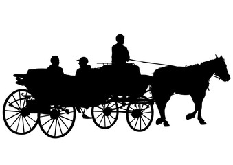 Old carriage and a team of horses on a white background