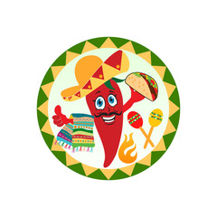mexican red chili pepper with maracas and towel, sombrero hat, mustache. Mexican logo, labels, emblems and badges, vector.