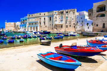Fototapeta na wymiar Traditional Italy - white town Monopoli with colorful fishinng boats in Puglia