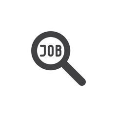 Job search vector icon. filled flat sign for mobile concept and web design. Magnifying glass and job text simple solid icon. Symbol, logo illustration. Pixel perfect vector graphics