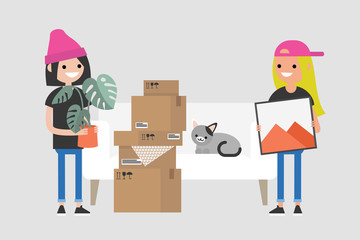 Young lesbian couple moving to a new apartment. Relocation. Mortgage. Flat editable vector illustration, clip art